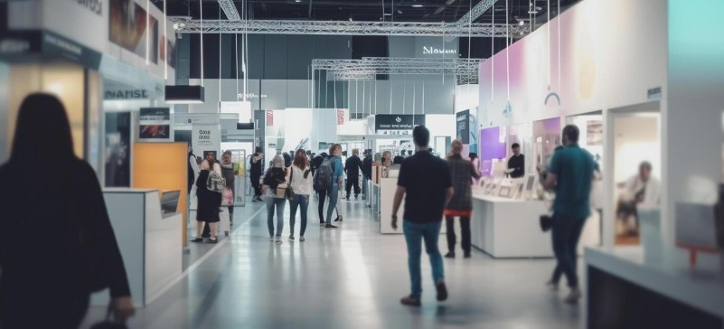 People walking through a tradeshow